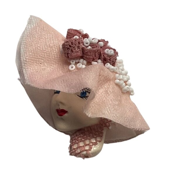 Jewelry - Vintage Handmade Victorian Style Lady Face Brooch Pin With Pink Hat u Beads